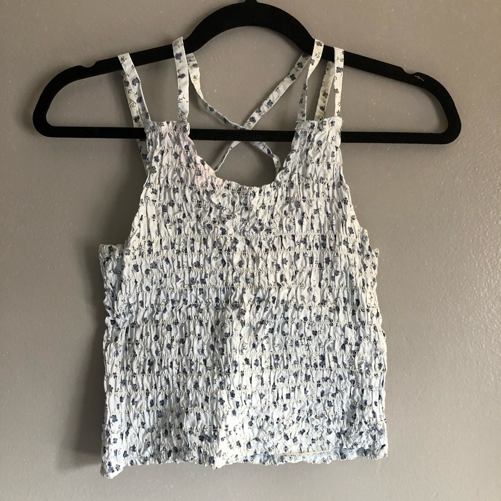 Vintage Blue Smocked Sleeveless cropped Tank Top - Picture 1 of 8